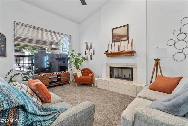 a living room with furniture and a fireplace