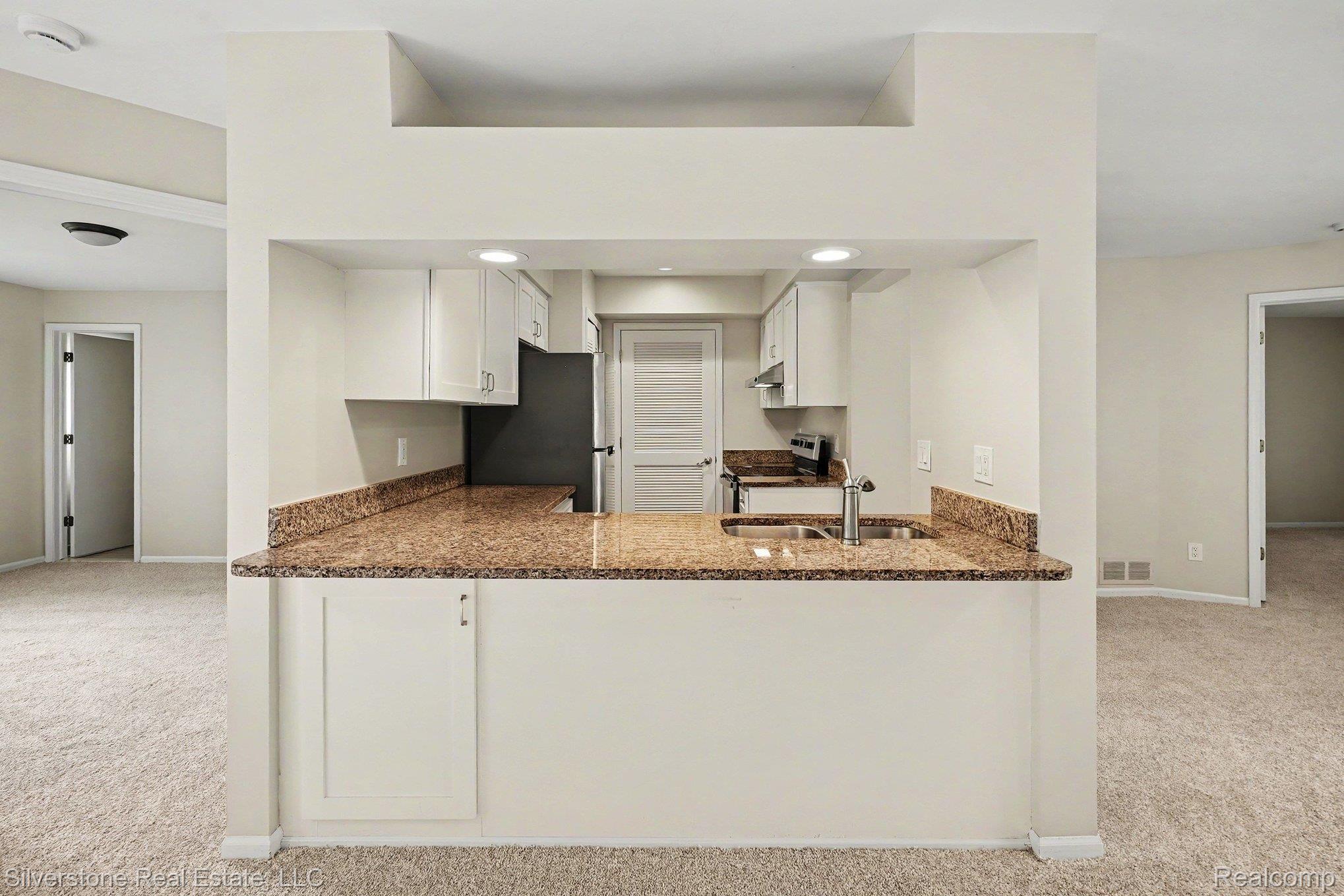 1502 Meadowside Drive Rochester, MI 48307 - Photo 10 of 27 Kitchen pass-through featuring light-colored cabinetry, a double basin stainless steel sink with a gooseneck faucet, light brown speckled countertops, and recessed lighting