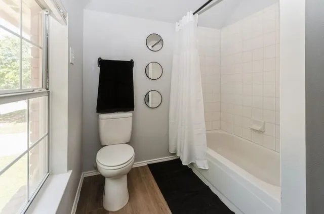 a bathroom with a toilet and a shower