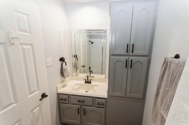 a bathroom with a sink a mirror and a shower