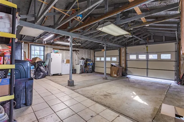 a view of a garage with wooden frame