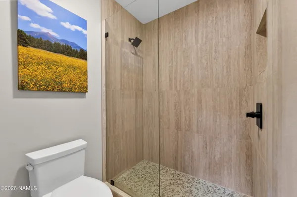 a bathroom with a toilet and a shower curtain
