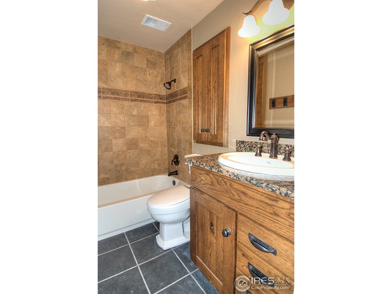 3850 Spring Valley Road Boulder, CO 80304 - Photo 24 of 25 a bathroom with a granite countertop sink a toilet a mirror and shower