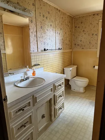 a bathroom with a sink toilet and mirror