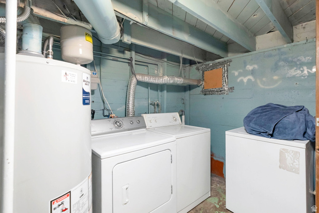 654 North 100 East Logan, UT 84321 - Photo 20 of 41 Laundry area with water heater, concrete flooring, and separate washer and dryer