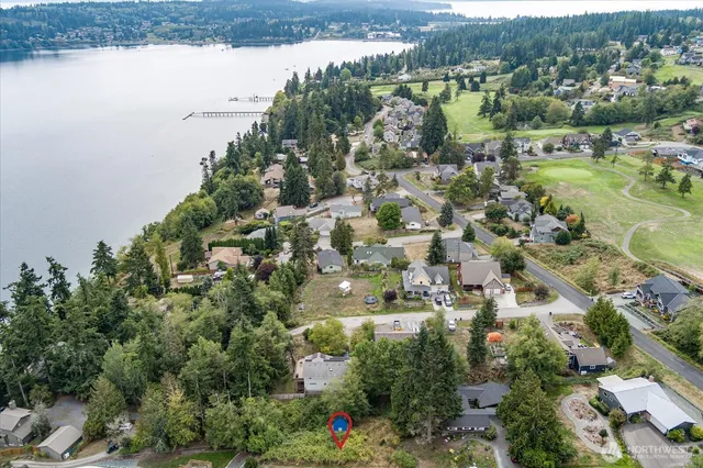 an aerial view of residential houses with outdoor space and trees