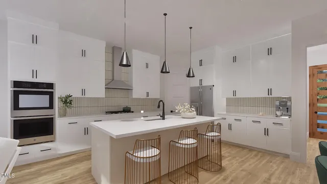 a dining room with furniture a chandelier and wooden floor