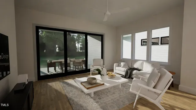 a view of an outside dining space with furniture