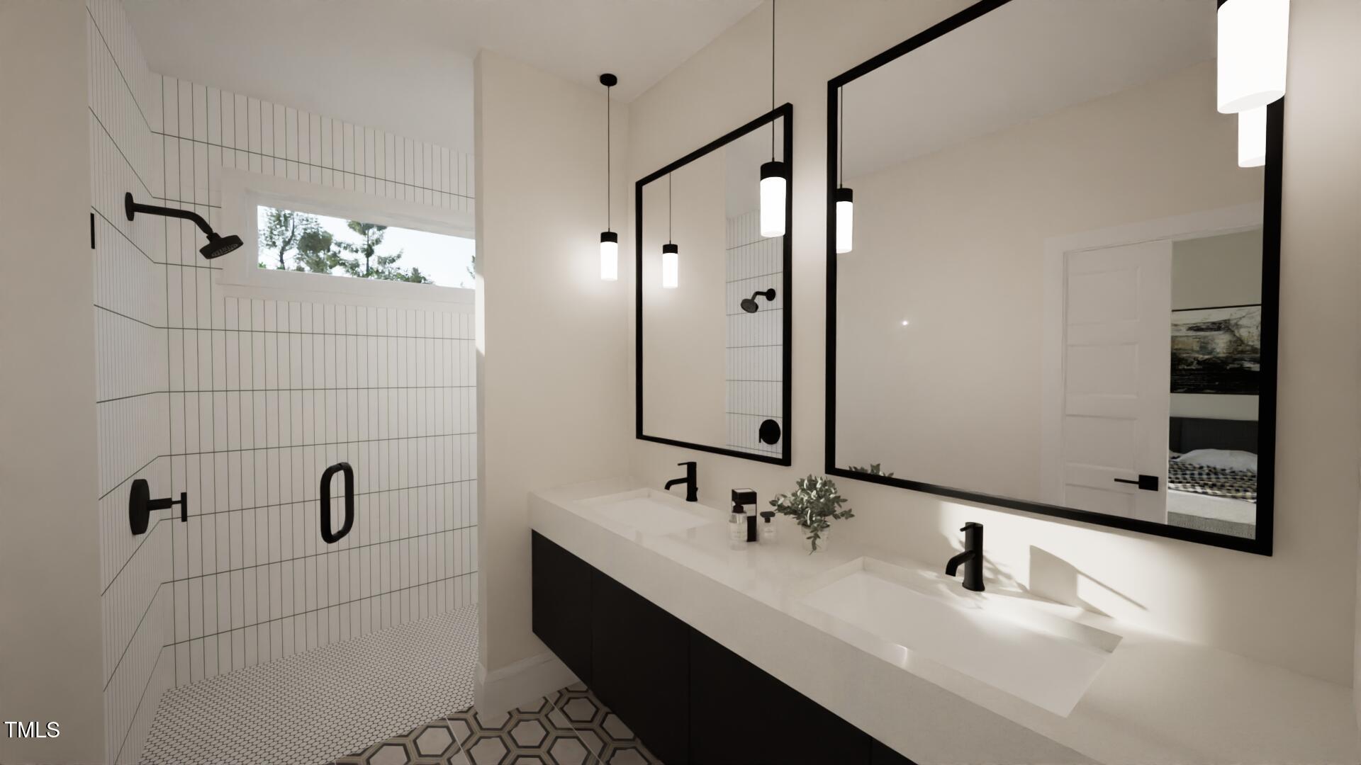 1804 Pershing Road Raleigh, NC 27608 - Photo 22 of 34 a bathroom with a double vanity sink a toilet and mirror