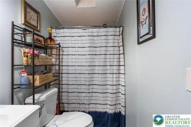 a bathroom with a toilet and a shower curtain