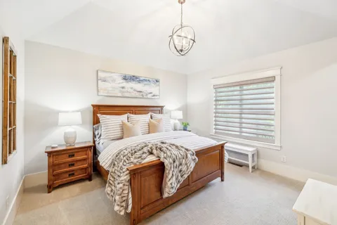 an aerial view of residential houses with outdoor space and trees