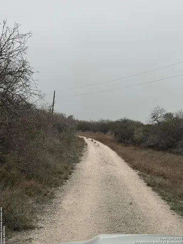 a view of a dry yard with wooden fence