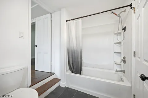 a bathroom with a shower and a toilet