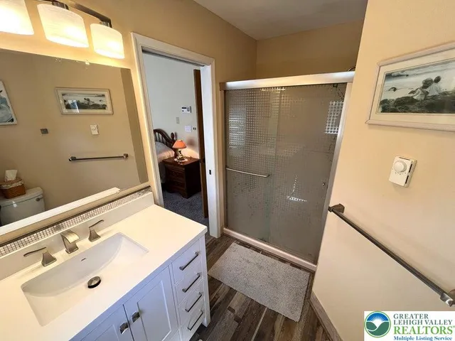 a bathroom with a sink mirror and shower