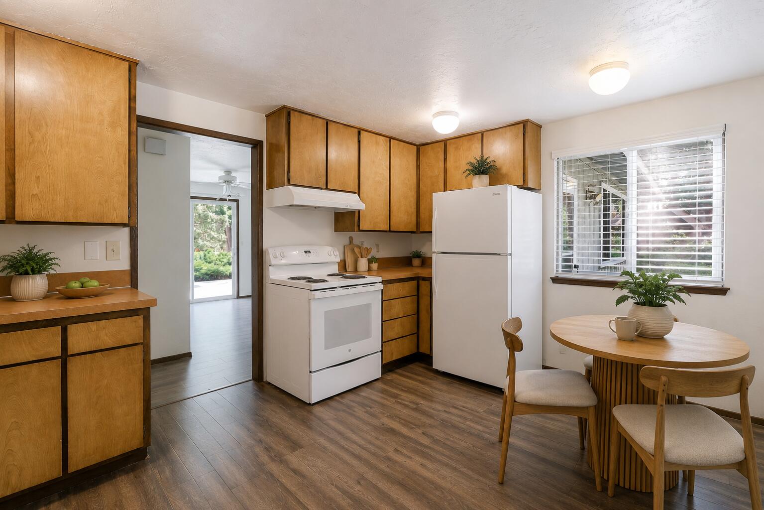 19968 Double Tree Court Bend, OR 97702 - Photo 4 of 28 a kitchen with a refrigerator a stove a sink and white cabinets with wooden floor