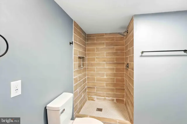 a bathroom with a shower and a toilet