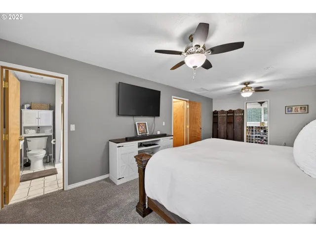 a bedroom with a bed and a flat tv screen on dresser