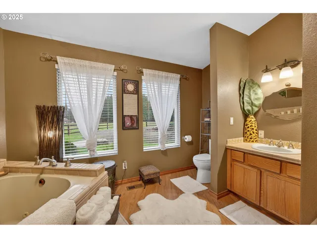 a bathroom with a granite countertop sink and a large mirror