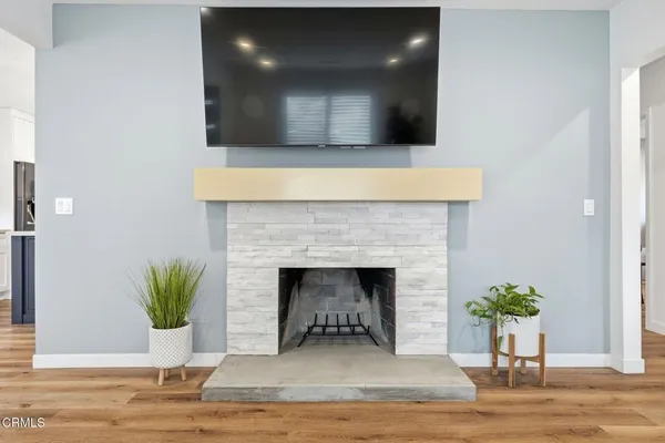 a living room with a potted plant and a fireplace