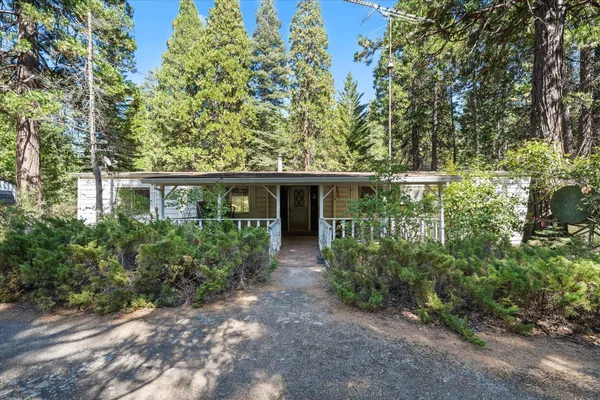 front view of house with large windows and a yard with plants