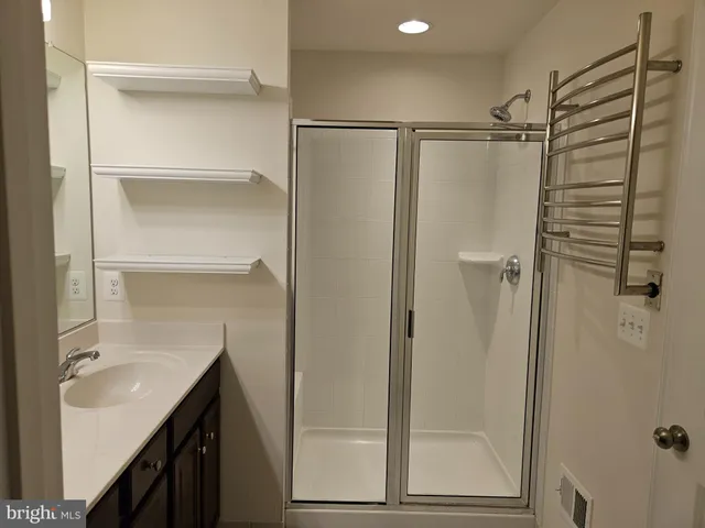 a bathroom with a shower and a sink