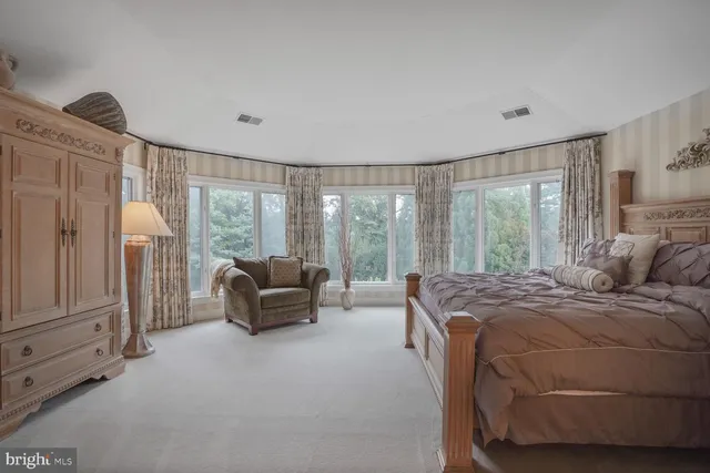 a aerial view of a house with a yard and large trees