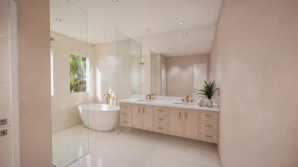 a spacious bathroom with a double vanity sink a mirror and a bathtub