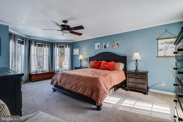 a bedroom with a bed ceiling fan and a window