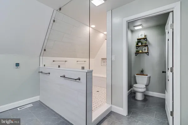 a bathroom with a shower and toilet