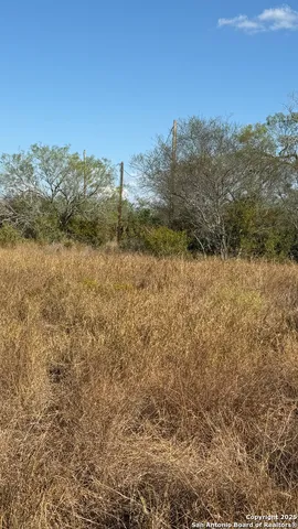 a view of a dry yard with mountains in the background