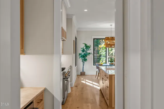a kitchen with cabinets and potted plant