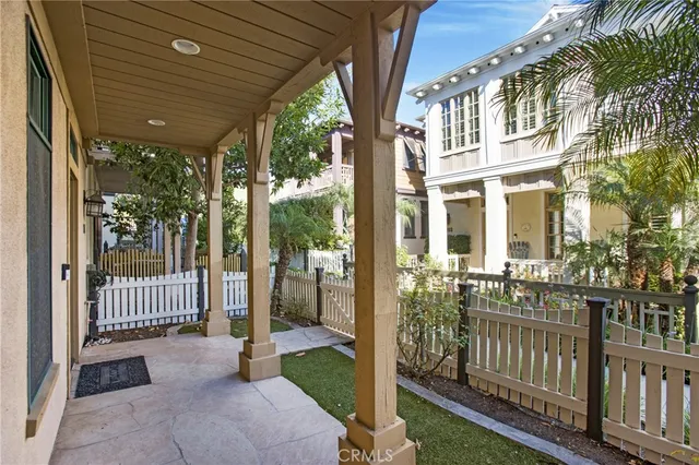 a view of a porch with wooden floor