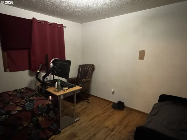 a backyard of a house with plants and trees