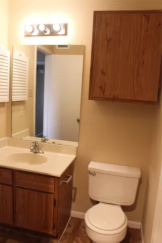 a bathroom with a sink a toilet and mirror