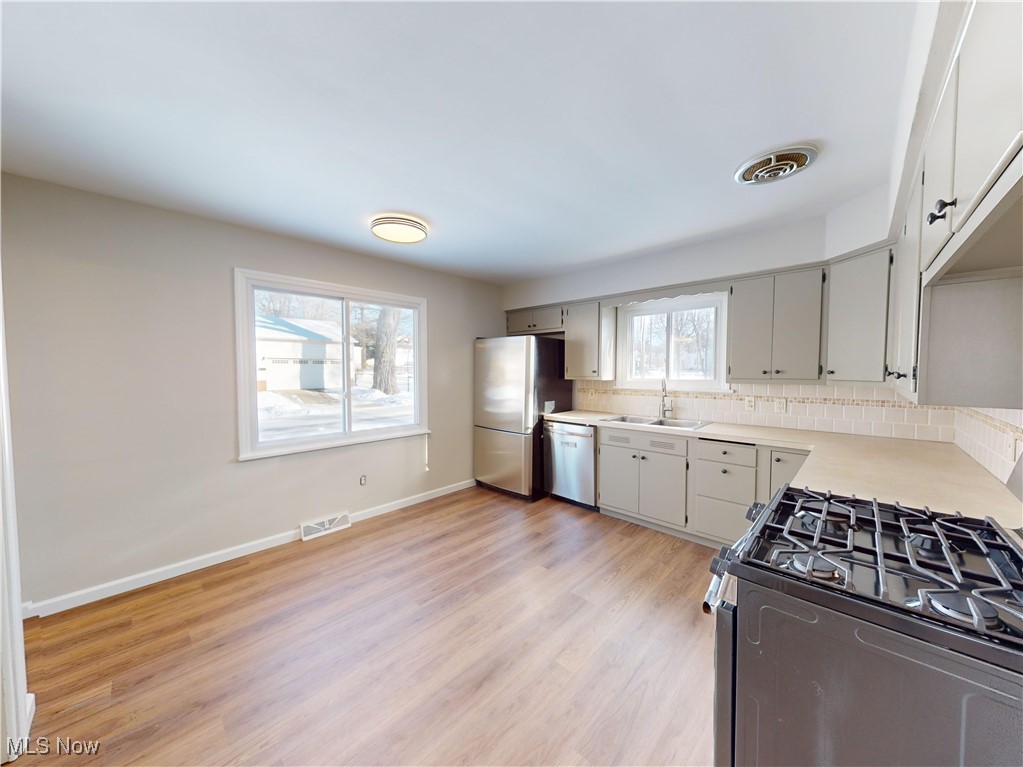1343 Irene Road Lyndhurst, OH 44124 - Photo 5 of 32 Kitchen featuring sink, gray cabinetry, light hardwood / wood-style flooring, appliances with stainless steel finishes, and backsplash