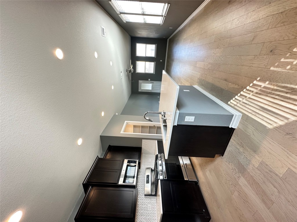 a large kitchen with lots of counter space