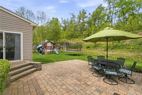 a view of backyard with plants and outdoor seating