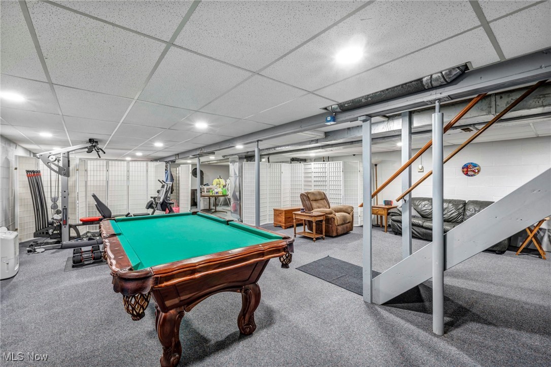 7662 State Road Wadsworth, OH 44281 - Photo 40 of 49 Rec room featuring pool table, a drop ceiling, concrete block wall, carpet flooring, and recessed lighting