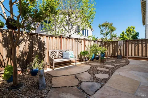 a view of a bench in a backyard