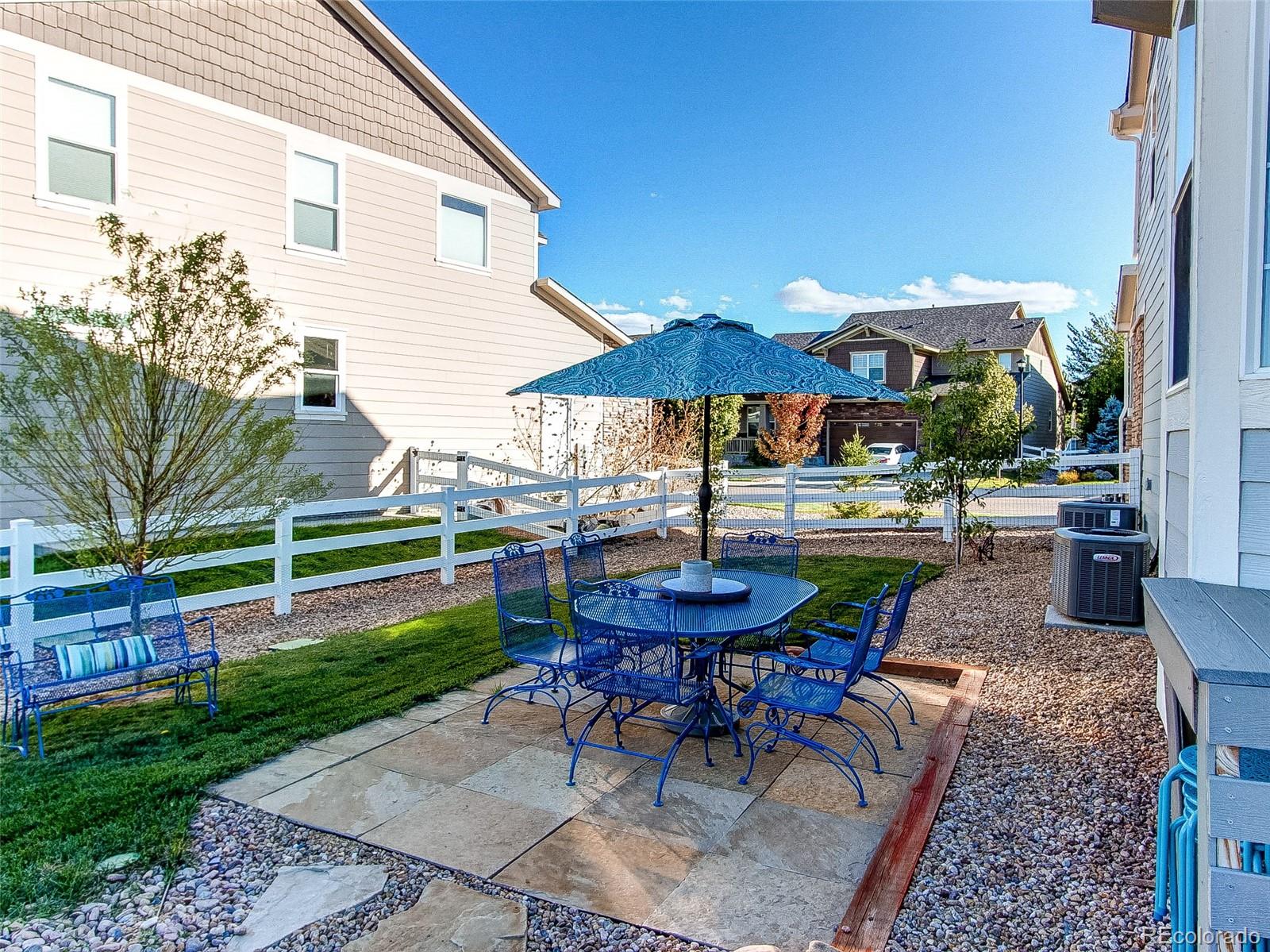 5025 Eagan Circle Longmont, CO 80503 - Photo 36 of 40 a patio with a table and chairs under an umbrella