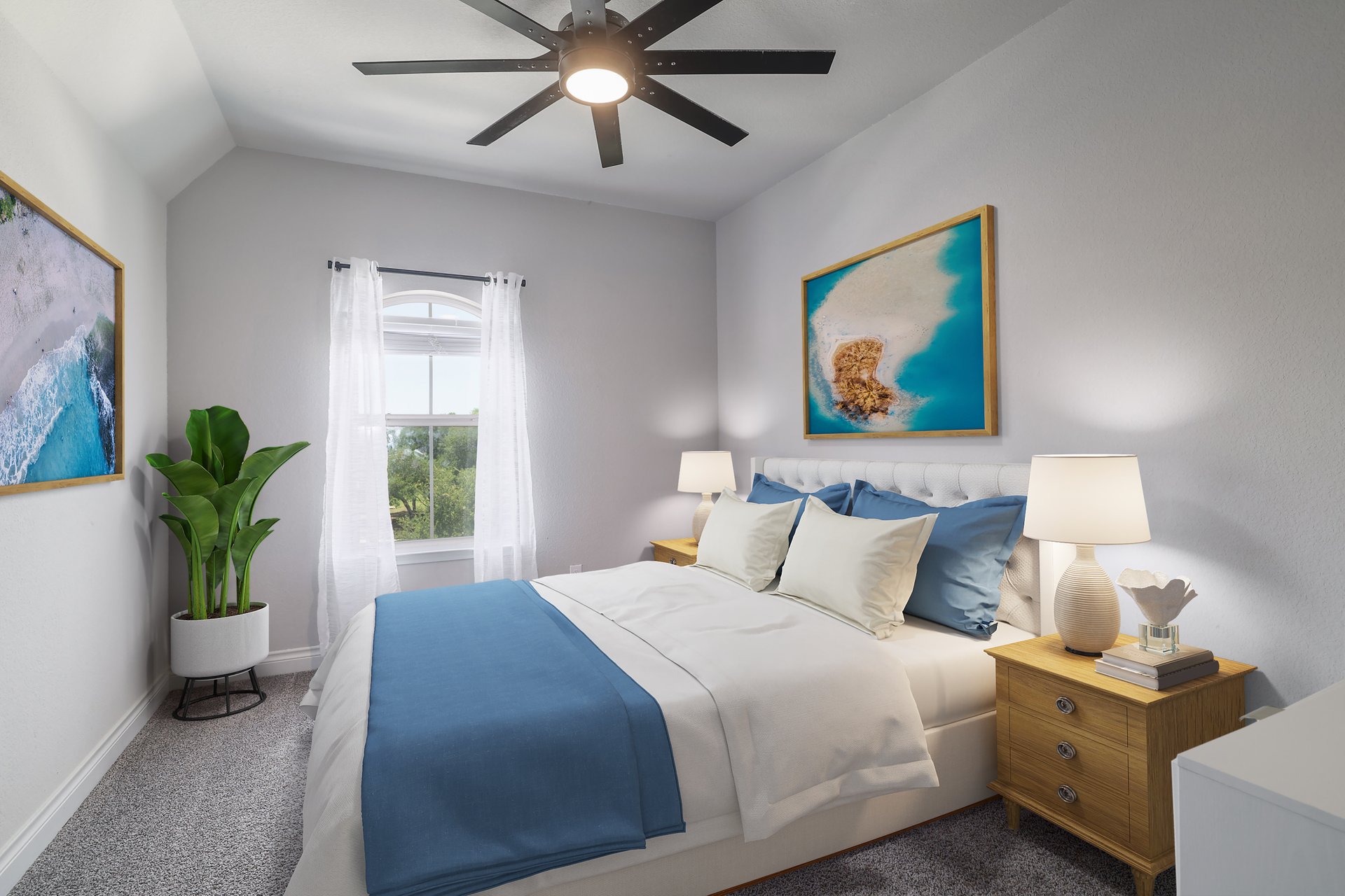 1513 Lakeside Ranch Road Georgetown, TX 78633 - Photo 38 of 40 Bedroom featuring ceiling fan, dark carpet, and lofted ceiling