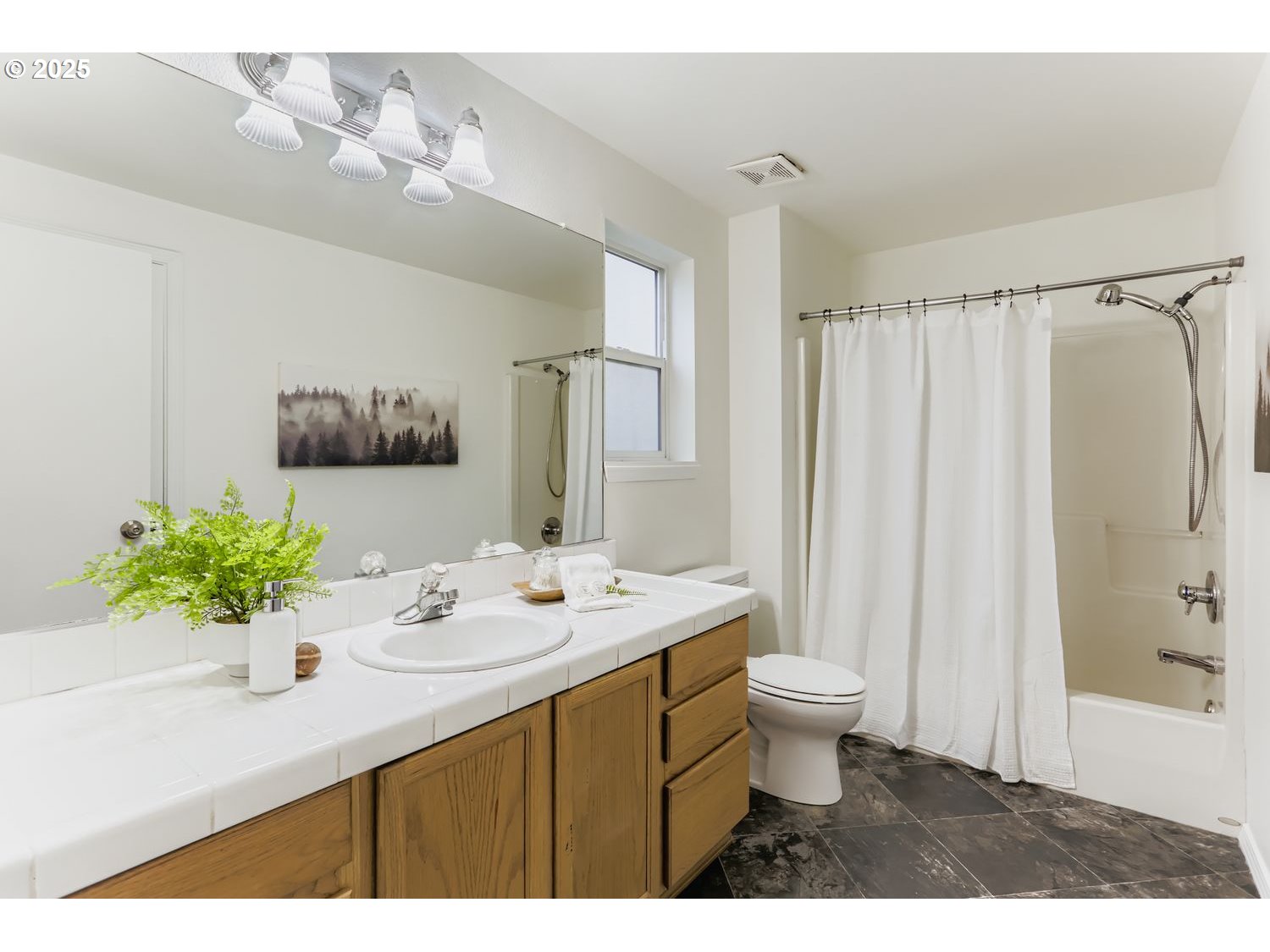 5626 North Williams Avenue Portland, OR 97217 - Photo 9 of 21 a bathroom with a sink a toilet and shower curtain