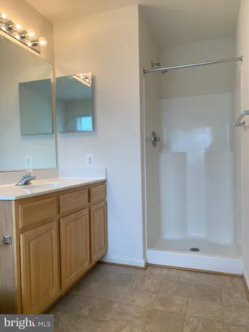 a bathroom with a double vanity sink mirror and shower