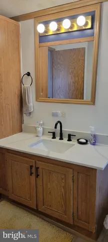 a bathroom with a sink vanity and mirror