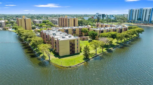 a view of a lake with a city view