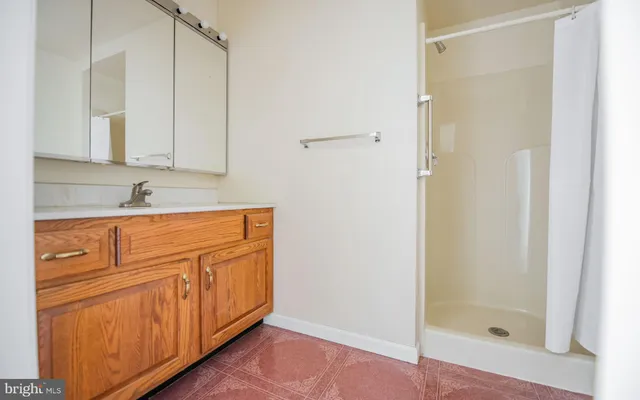 a bathroom with a sink a mirror and a shower