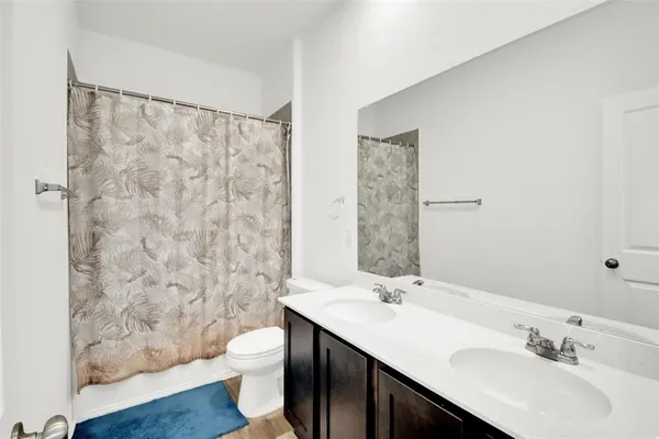 a bathroom with a sink a toilet and shower curtain