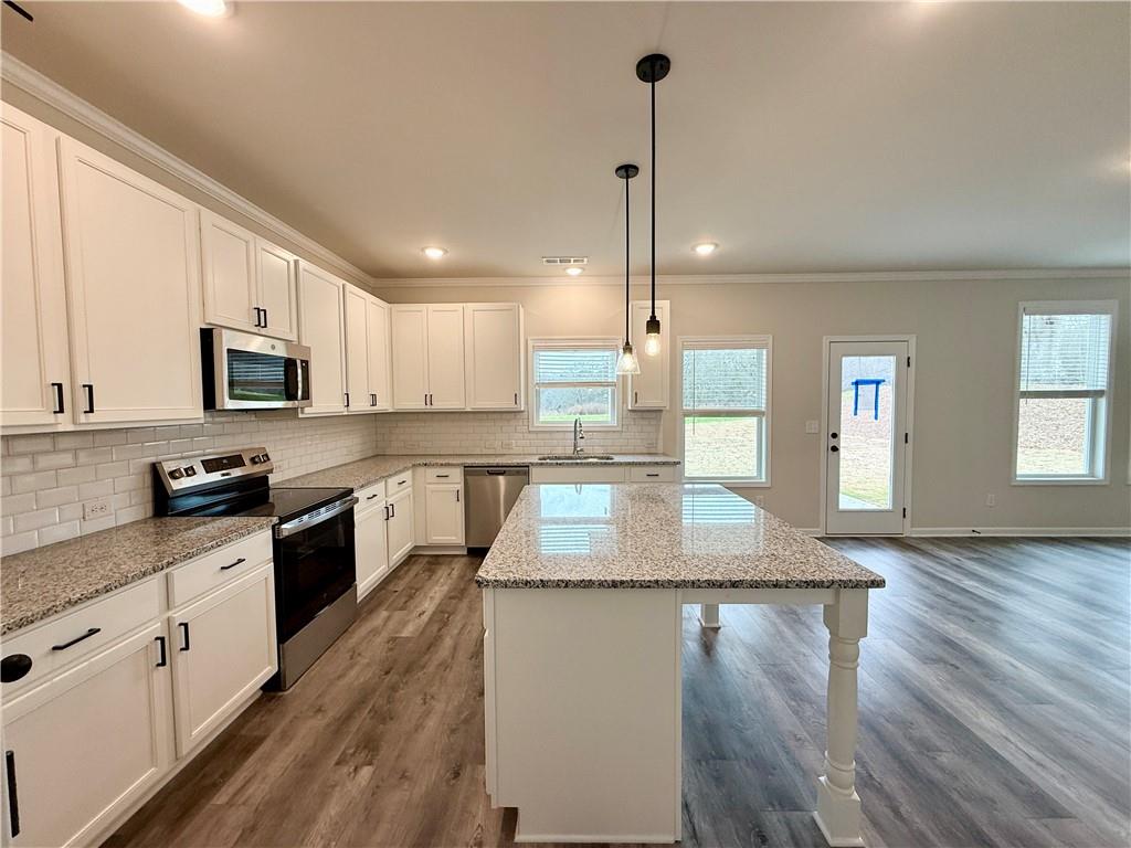 2506 Sunny Hill Road Buford, GA 30519 - Photo 11 of 25 a kitchen with kitchen island granite countertop a sink a counter space appliances and cabinets