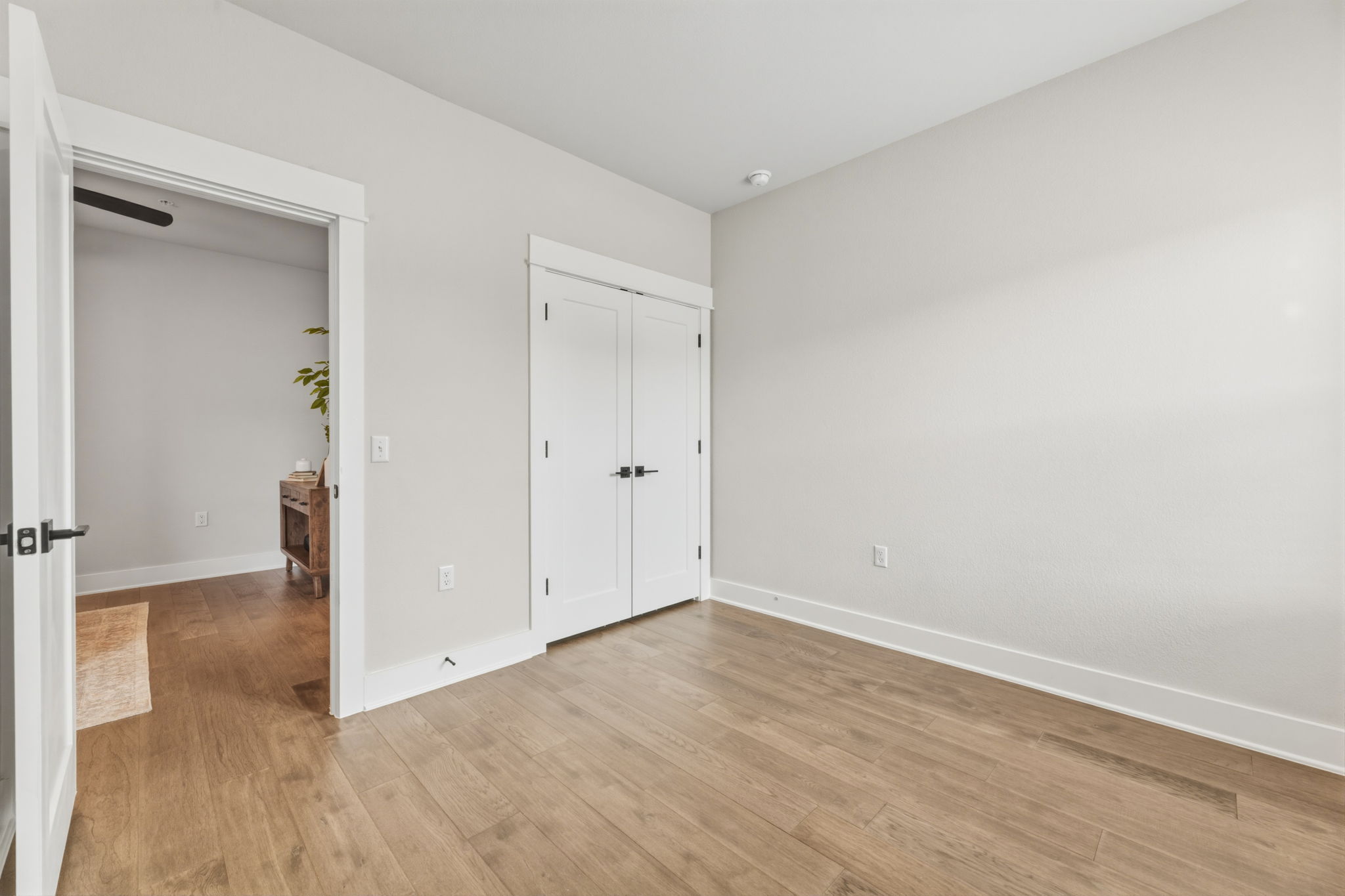 2929 Moreno Street Austin, TX 78723 - Photo 37 of 40 Spacious room featuring wood-finish flooring, white walls, and a double-door closet with matte black hardware