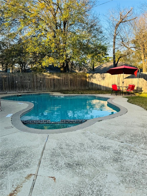 a view of a swimming pool with a yard and plants